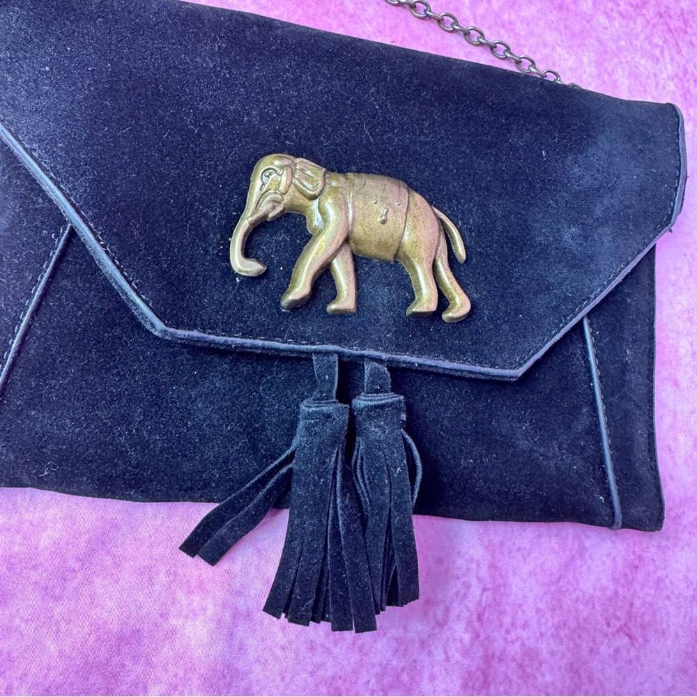 258. Black Suede Clutch with Gold Elephant Accent - Picture 4 of 8